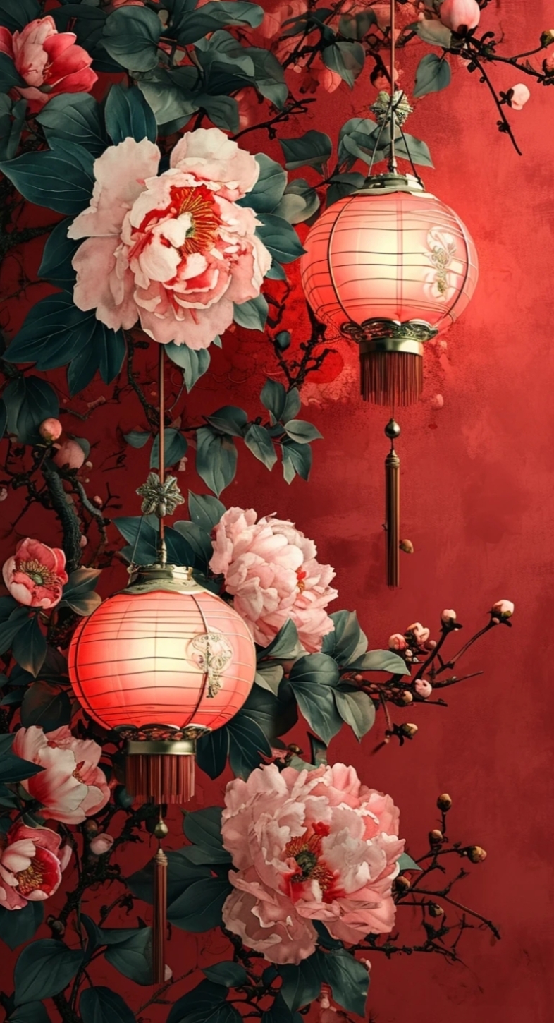 🌺大红灯笼高高挂,粉色花朵笑颜开,蓝叶绿叶相映衬,春意盎然入心怀