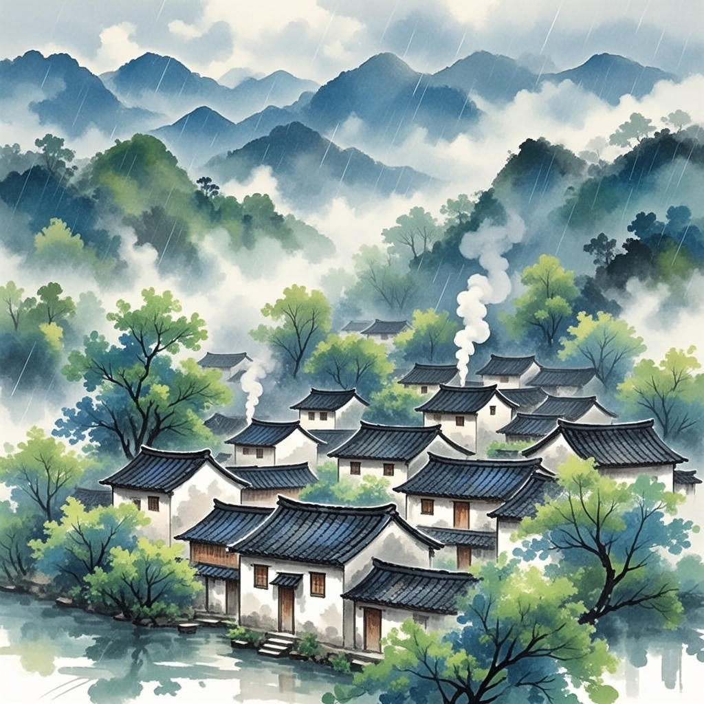 天青色晕染天际,细雨如丝般飘落