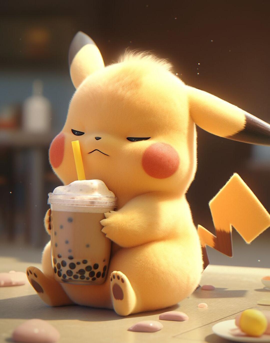 喝奶茶的皮卡丘好可爱