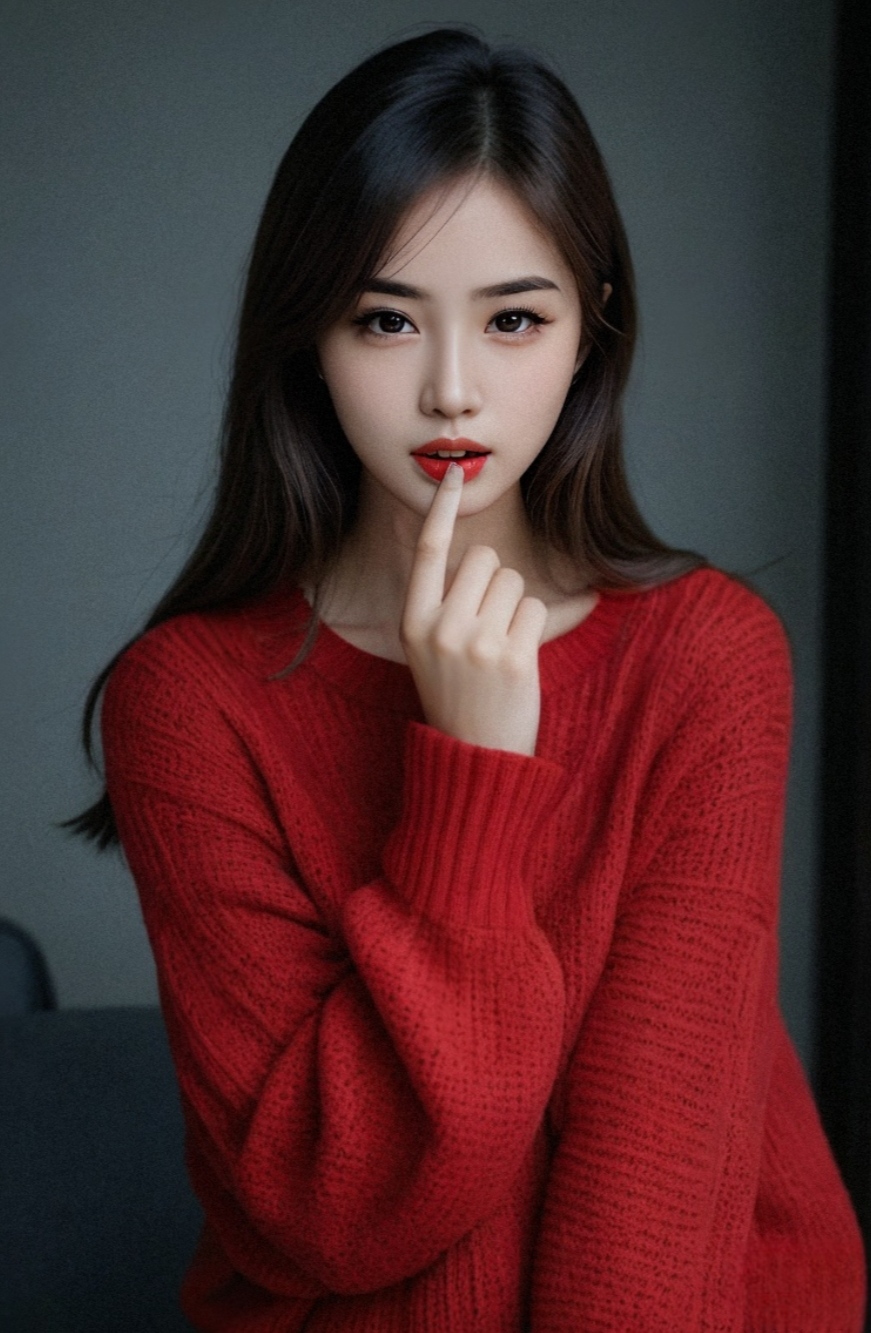 红色毛衣的温暖,指尖轻触的思考,静谧背景下的沉思之美.#醉人美女