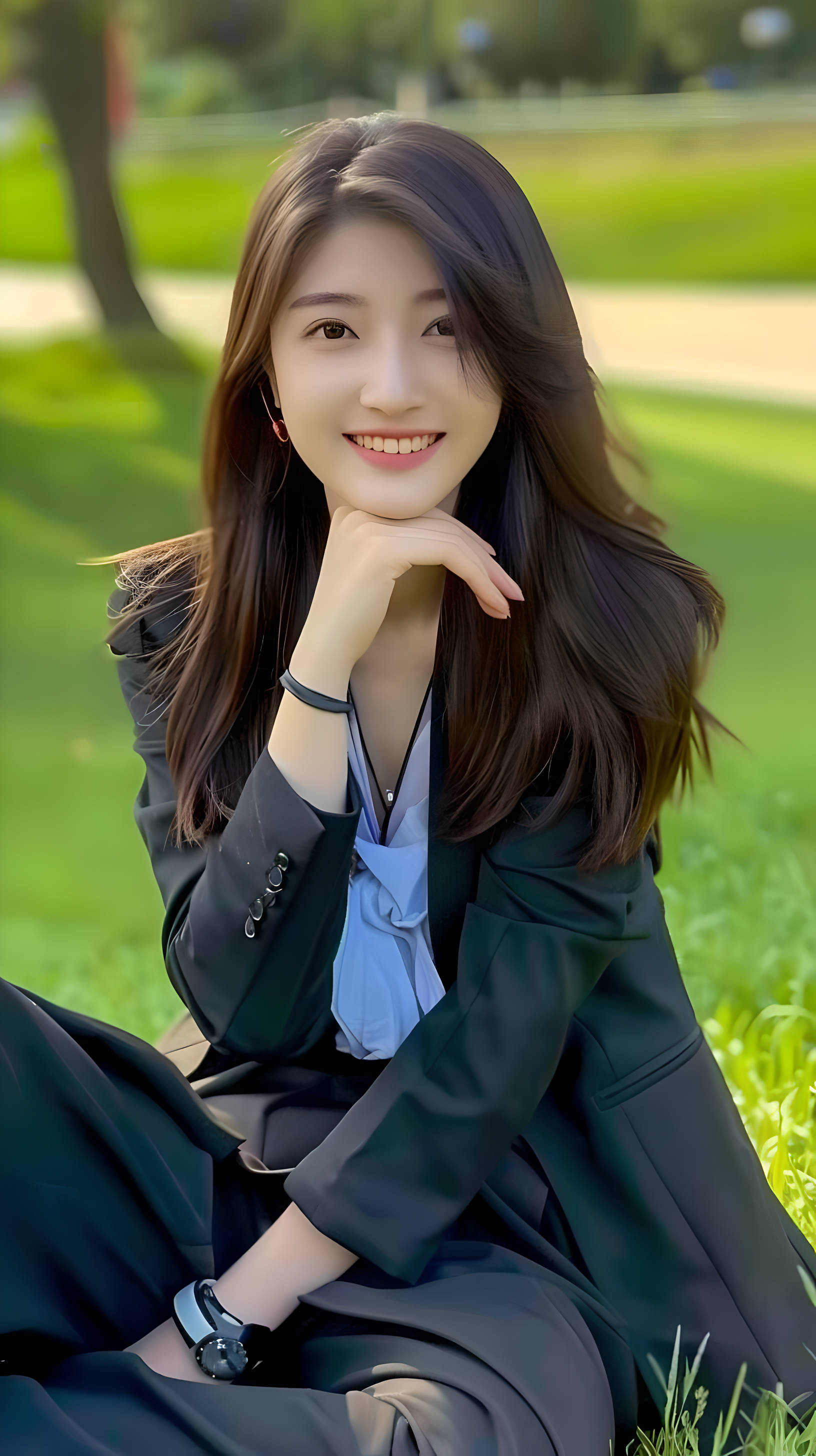 她微笑着,一只手托腮,仿佛在思考人生,另一只手则优雅地放在膝盖上