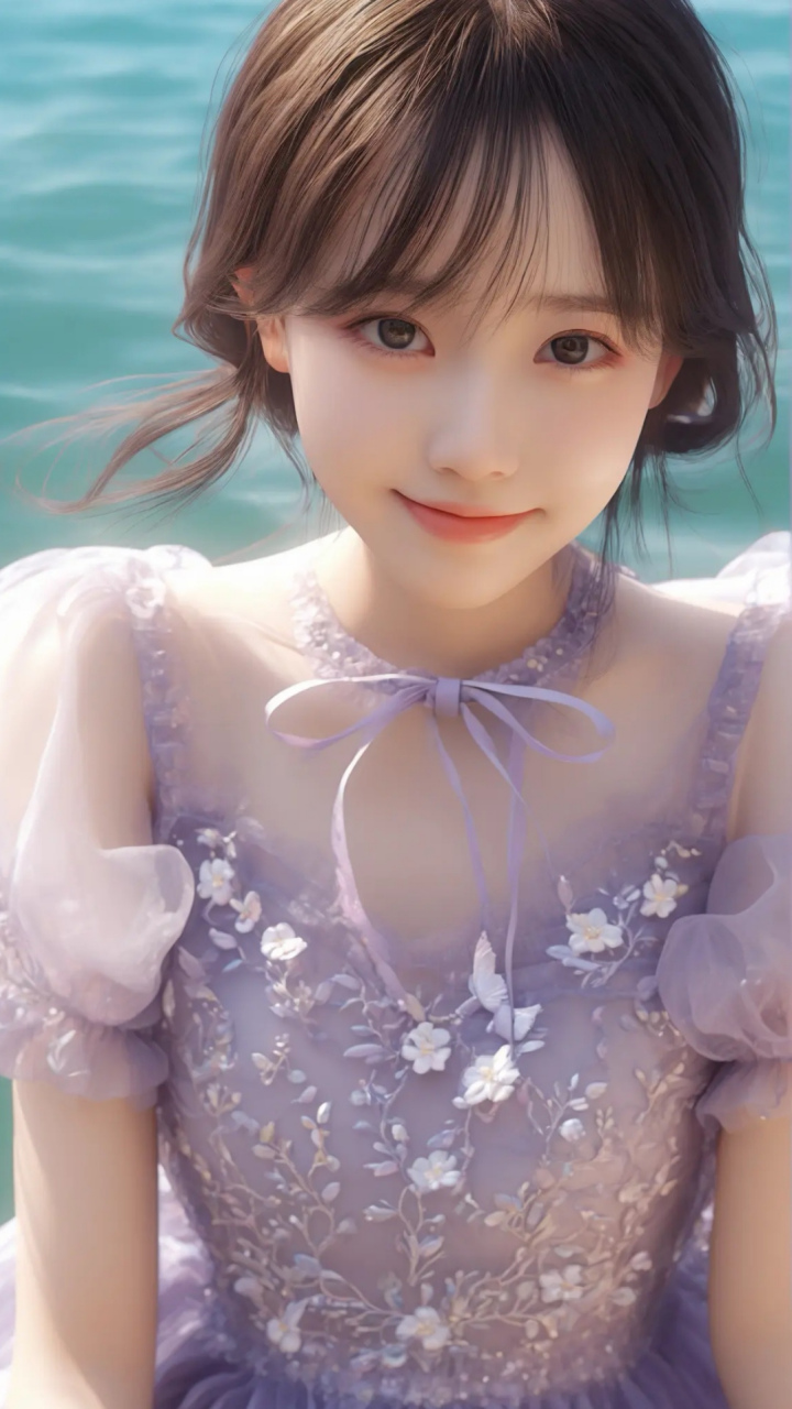 紫衣少女戏水欢, 清泉碧波荡心间. 鱼儿游跃添乐趣, 笑语落珠起轻澜.