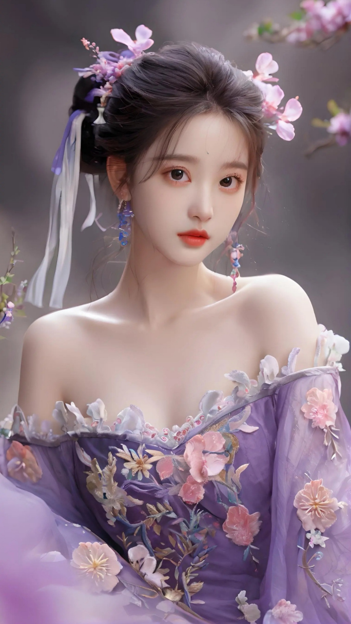 华美之韵,古妆淡雅  在这幅图中,一位紫衣古装美女,如一朵盛开在时光