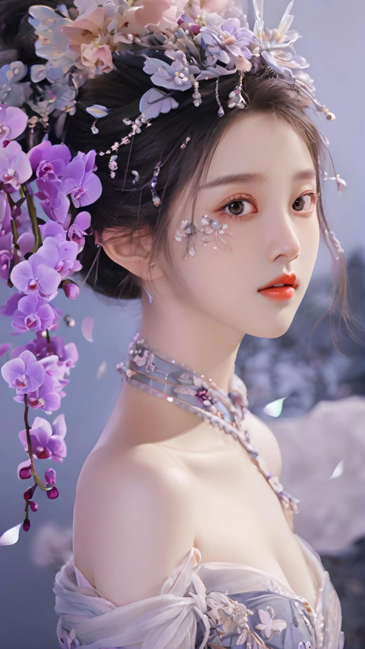 华美之韵,古妆淡雅  在这幅图中,一位紫衣古装美女,如一朵盛开在时光