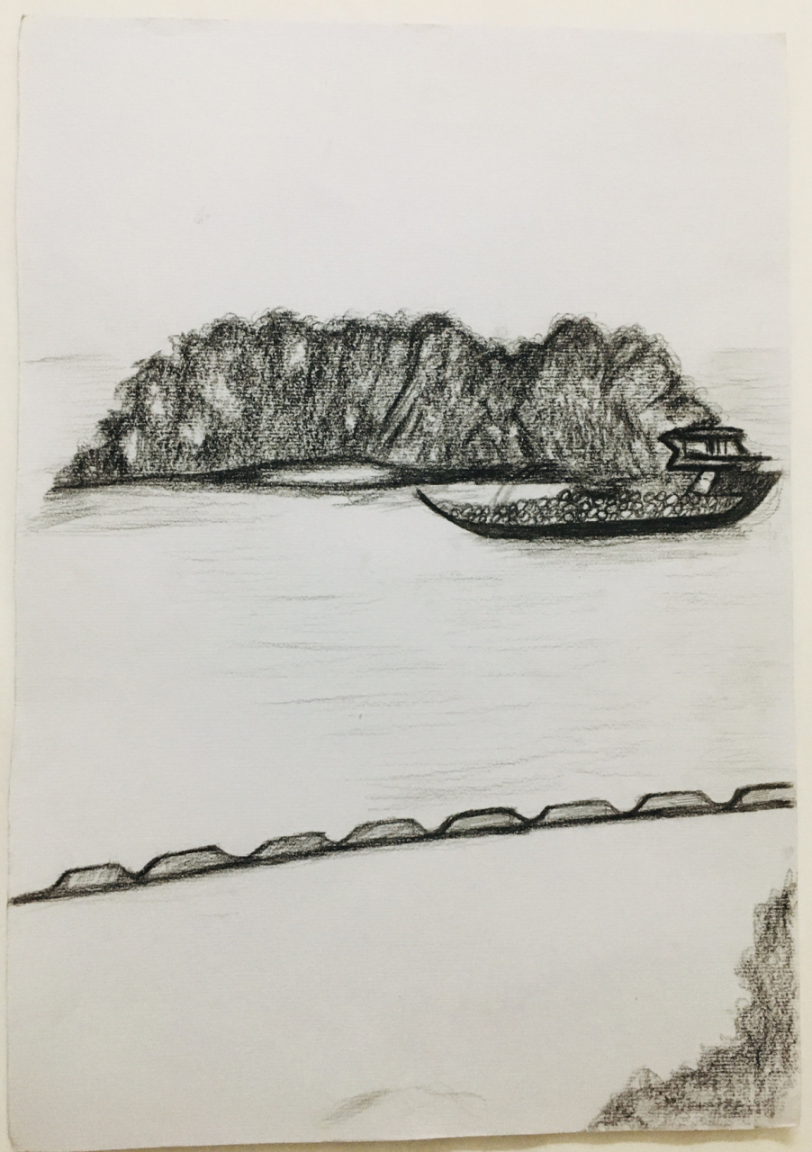 余稳玲《时代龙穴岛》 写生素描,2020年作 广州南沙亲水公园写生