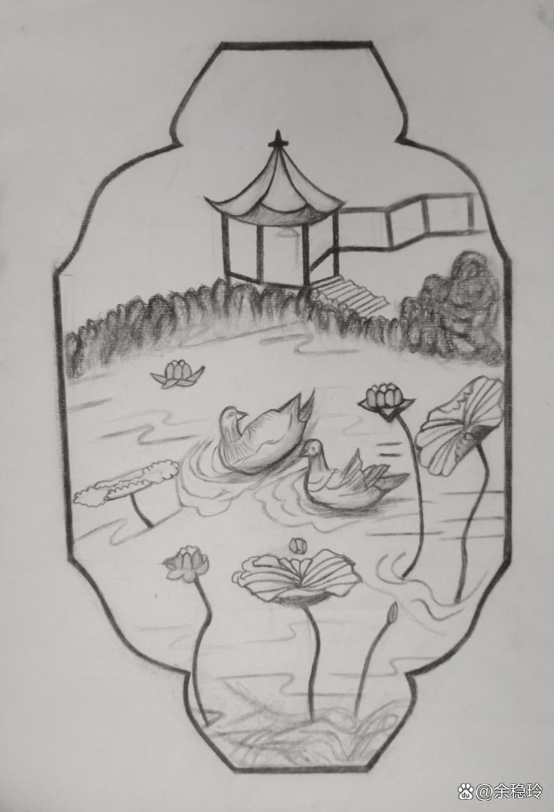 余稳玲《戏水鸳鸯》 索描作品,2020年作