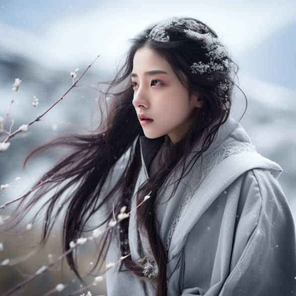 她的发丝在风中飞扬, 像一幅画,诗意而浪漫.