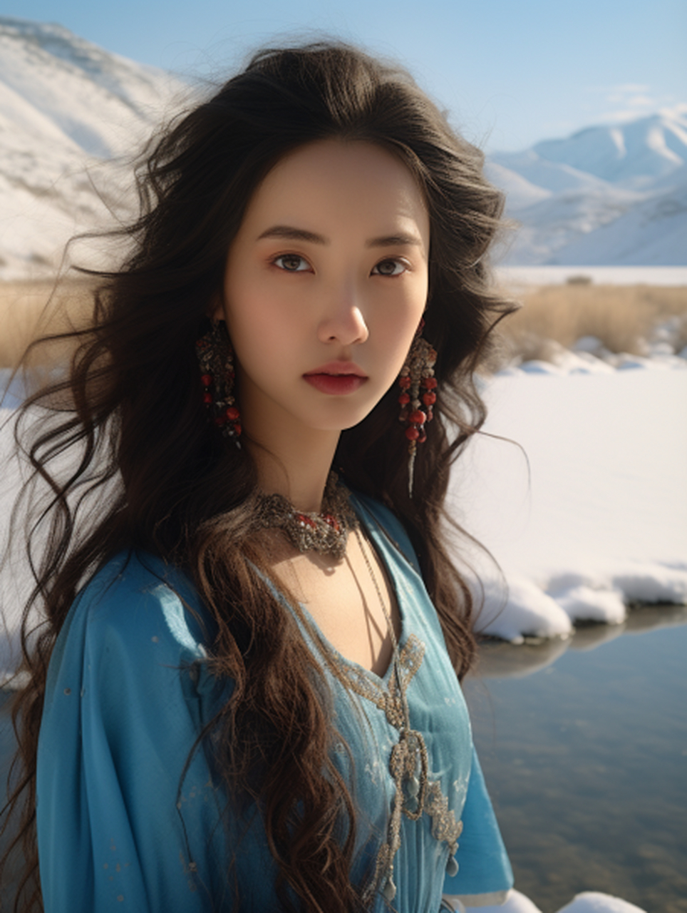 穿越时空的佳人, 在山间溪流旁, 一袭绿衣翩翩起舞, 长发随风飘扬