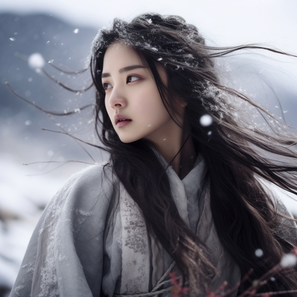 雪花轻轻地飘落, 她的眼神里充满了期待.