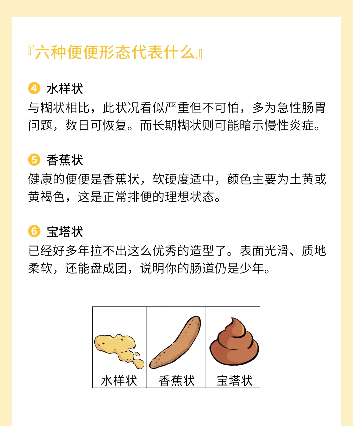 香蕉状是健康代言,宝塔状见证肠道青春,水样状或为急性炎症,颗粒段状