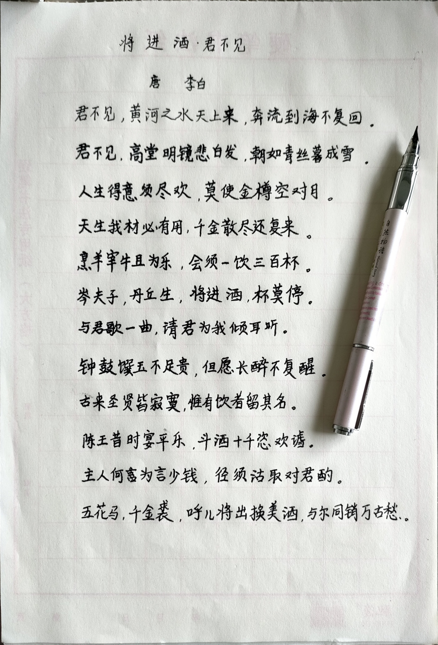 硬笔书法第六天 将进酒.君不见 李白