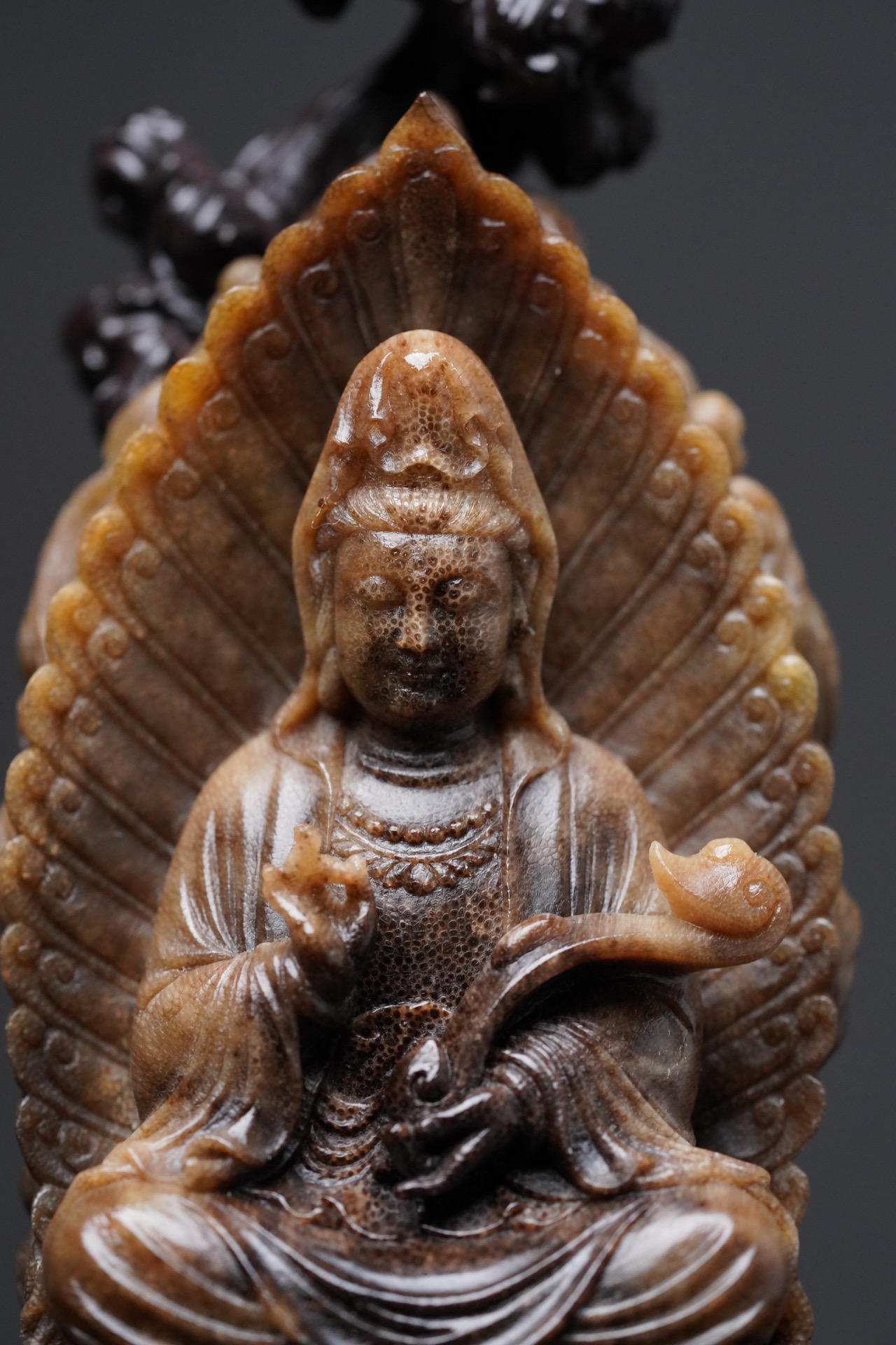 古玩老犀角雕如意观音 极品老料,精美鱼子纹,竹丝纹,可遇不可求 ,大师