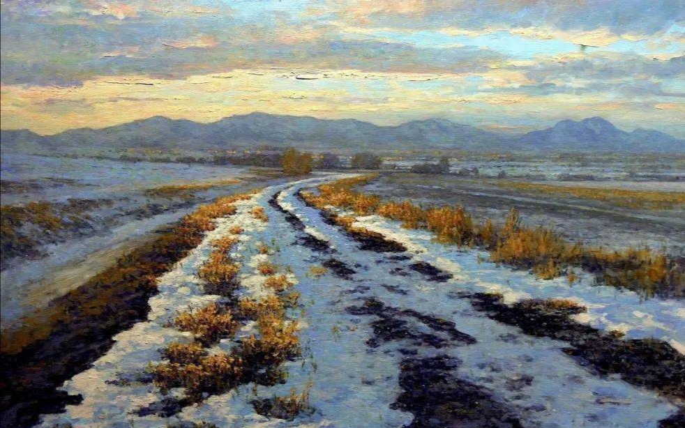 油画风景雪后乡间小路,静谧美好,等你来踏.~大师巴尔坎