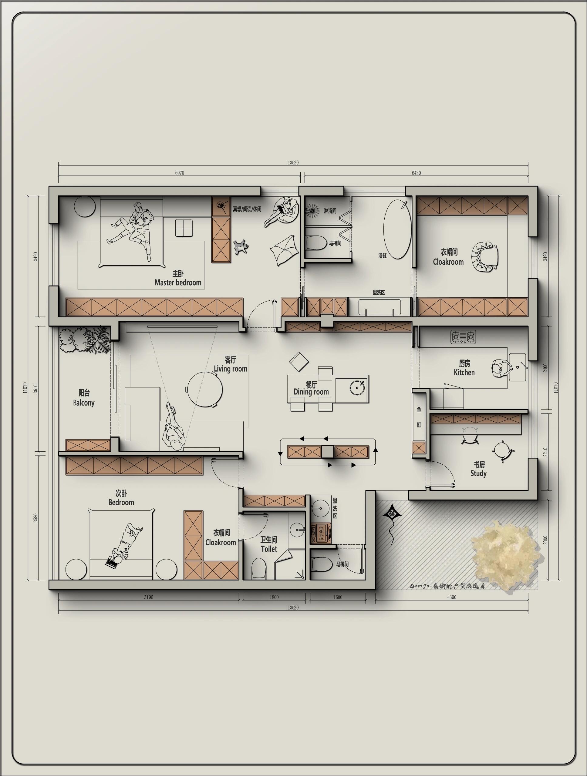 两个主卧大套间,鱼缸放客餐厅,书房办公游戏