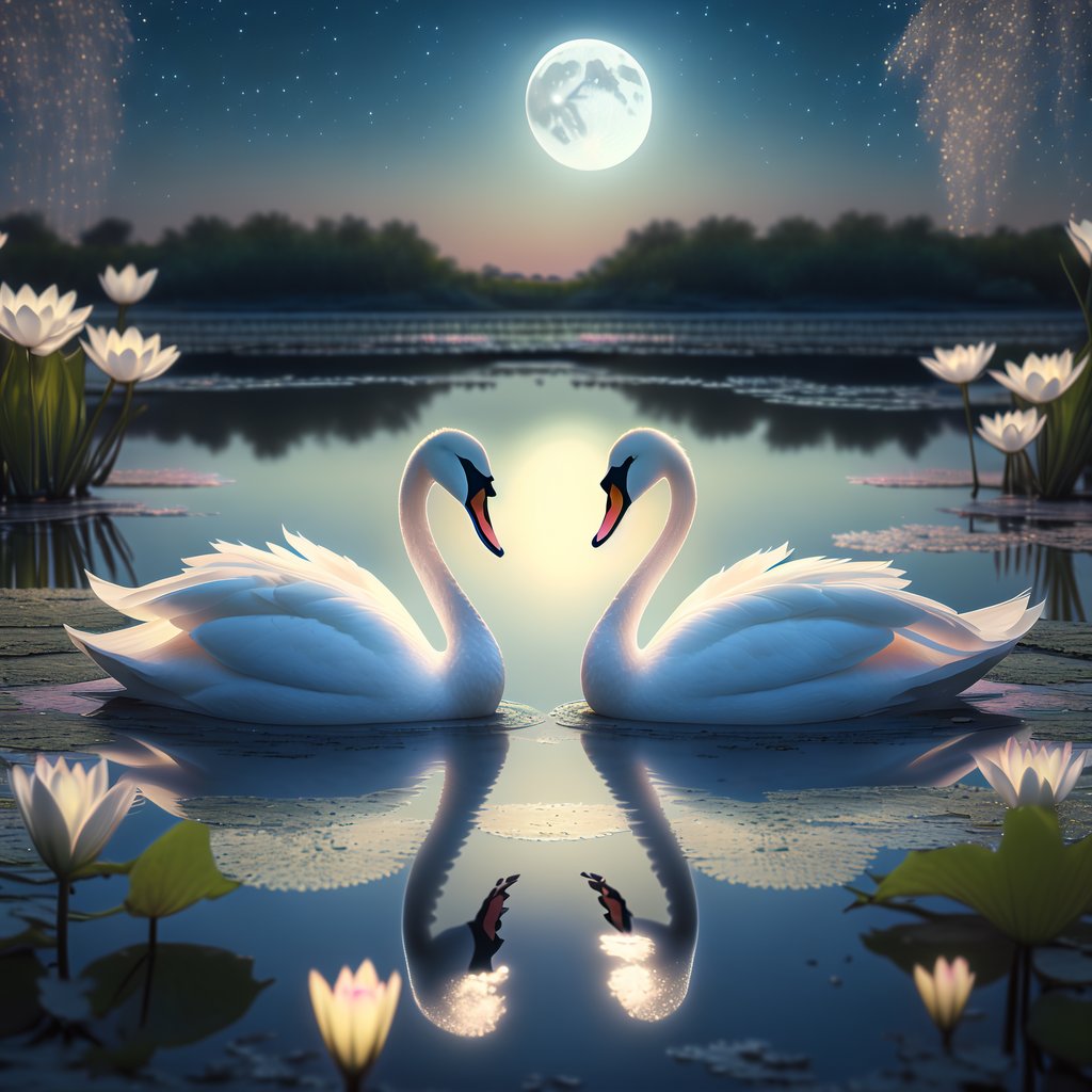 06池塘里的一对白天鹅,在月光下相互依偎,仿佛在诉说着一段美丽的