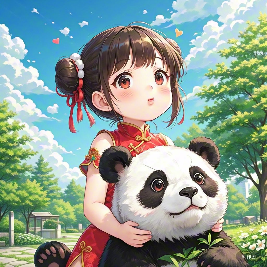小女孩身着一袭鲜艳红旗袍,樱唇微翘,与憨态可掬的熊猫花花紧密相依