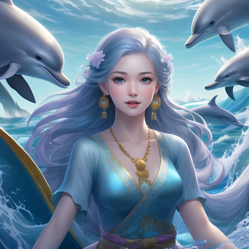 9999一幅绝美的中国风手绘美女和海豚共舞图,让你的视觉享受瞬间