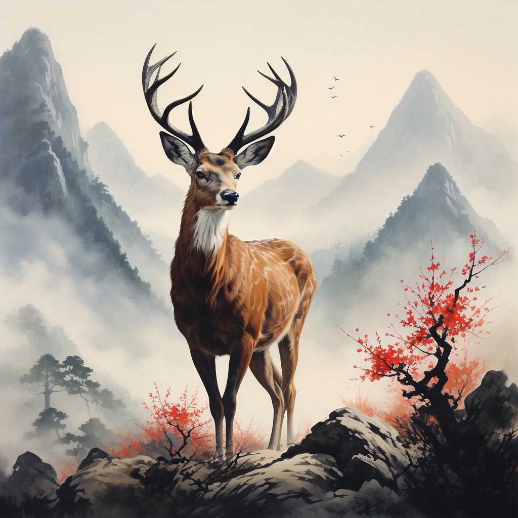 梅花鹿正面头像,中国画风格,多彩红黄蓝,笔触奔放,画质细腻#动态连更