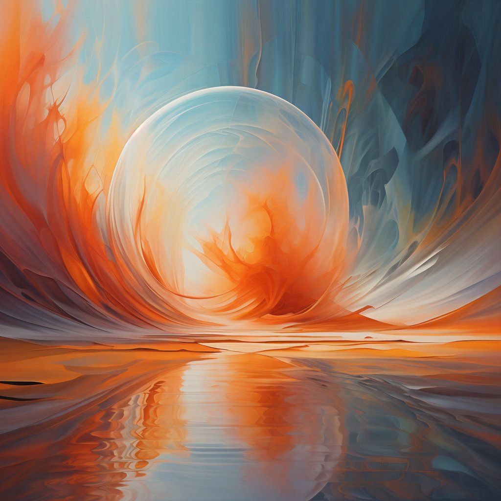 一幅抽象艺术作品,橙色与蓝色的巨大圆环交织,色彩对比强烈,充满