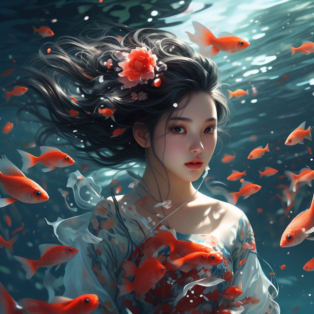 丁丁,水下仙子,红鱼作伴,美得让人屏息.#动态连更挑战