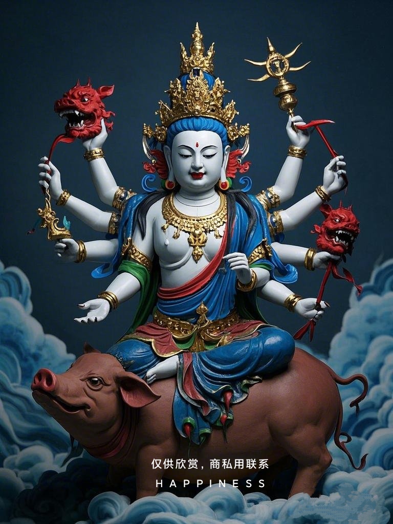 三面八臂乘猪的摩利支天像,正面善相,显微笑状,唇如朱色