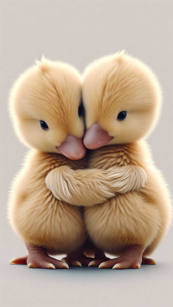 这对小鸭子,一只黄色一只灰色,相互依偎在一起.