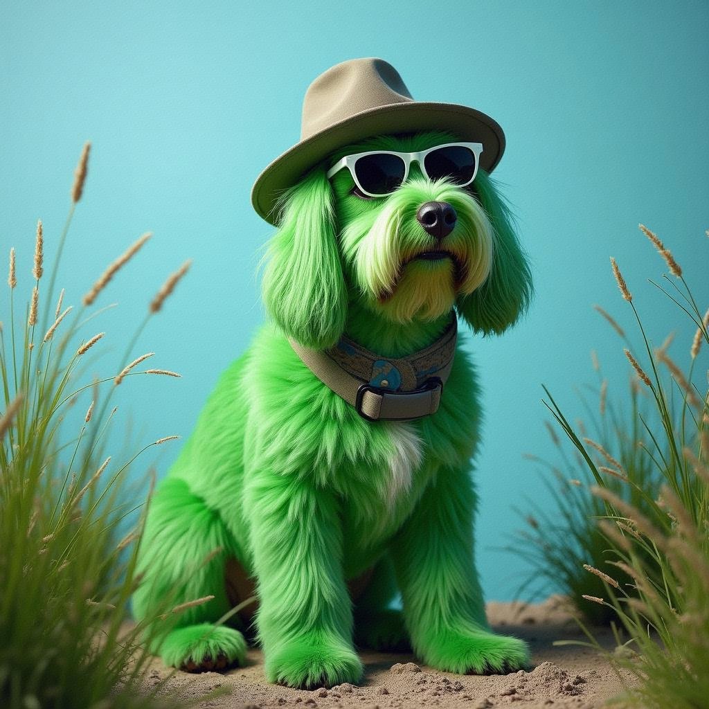 这绿毛汪星人带着草帽和墨镜,坐姿超有范儿,仿佛在说:我在草地度假呢