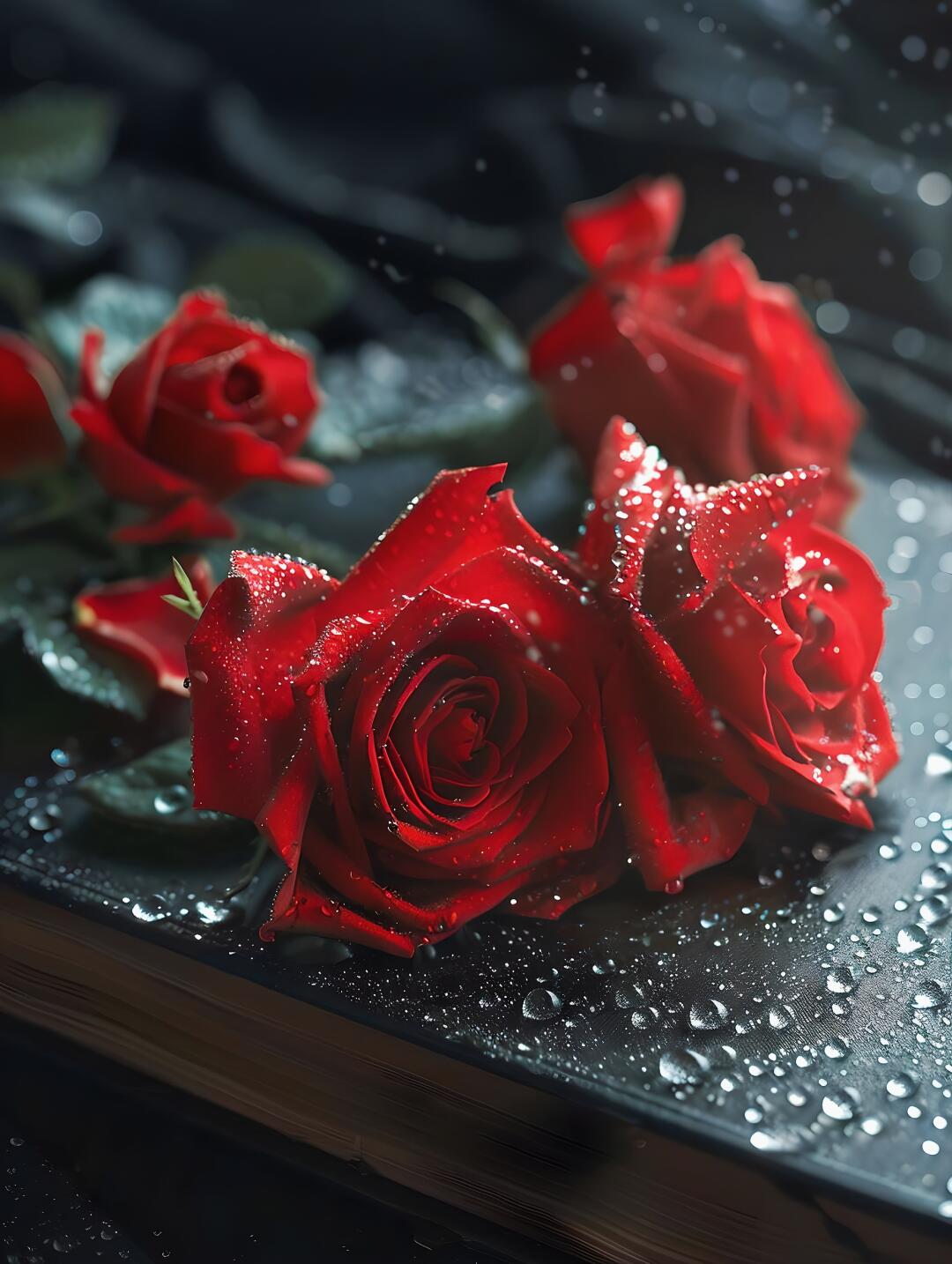 刚下过雨,红玫瑰娇艳欲滴地躺在书上,仿佛能闻到清新湿润的空气