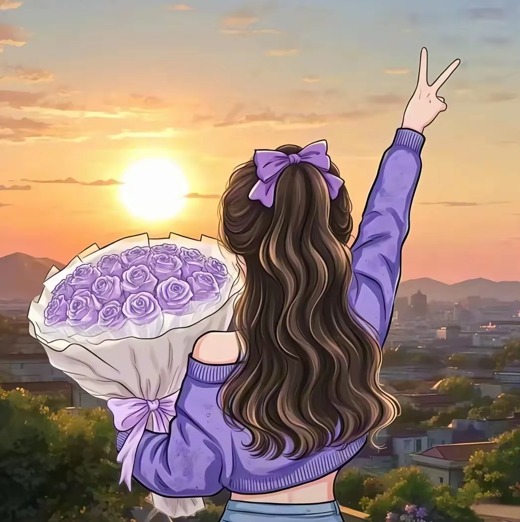 女人背影唯美头像花海女生背影比耶图片卡通背影捧花头像手捧鲜花的