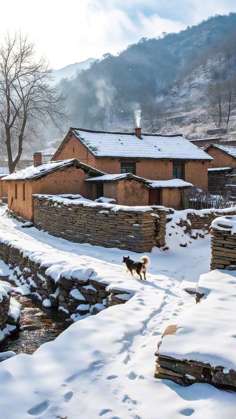 哇,这房子太有感觉了,炊烟袅袅升起,狗狗在雪地里欢