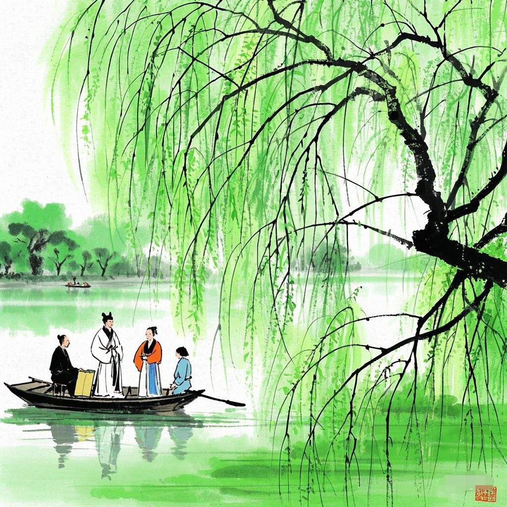 相约同赴入潮流,扬帆策柳树山水画金管催开柳上春图片古风灞桥春柳