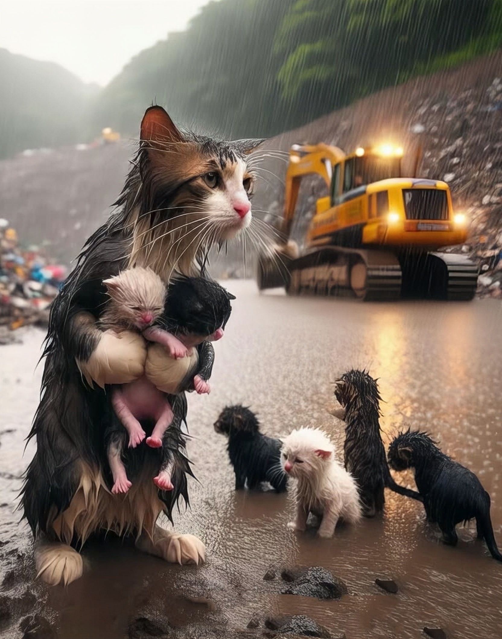 下雨天建筑工地里的一幕