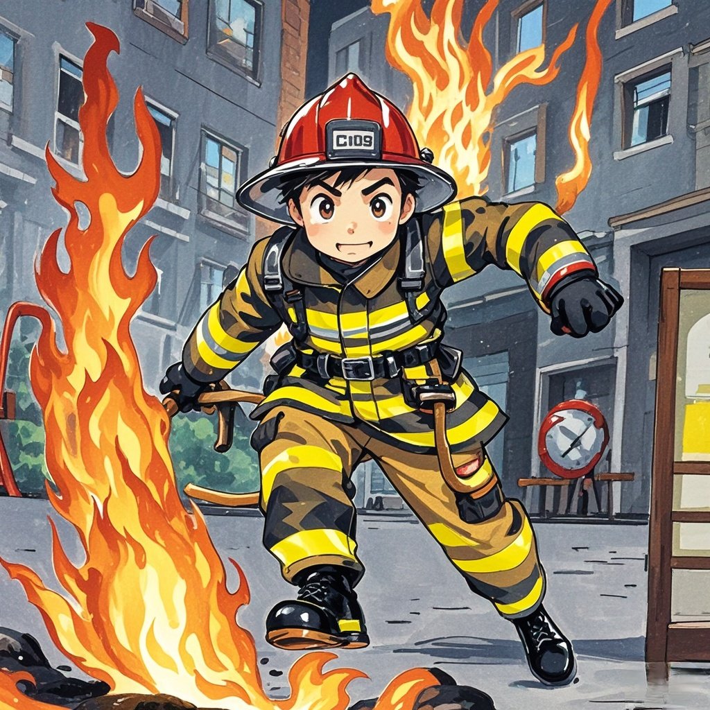 勇敢的消防员小哥哥冲向火场,保护我们的家园!