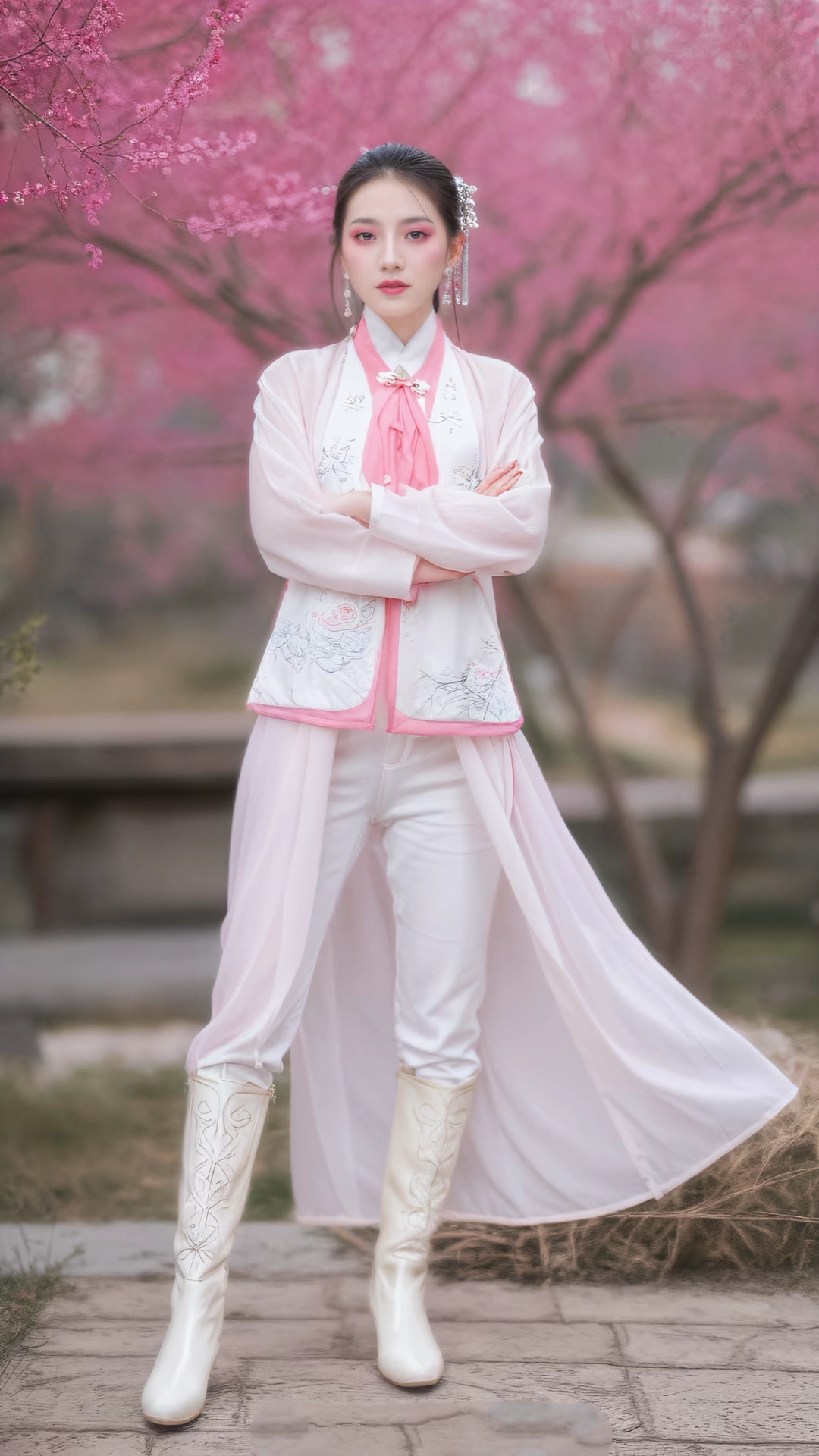 背景中模糊的建筑结构,如同仙境一般,让人陶醉古装白布靴白靴女侠