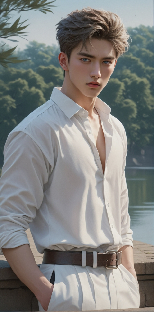 帅哥一枚,白衬衫,棕皮带,金发短.简单的颜色,却蕴含着不凡的气质.