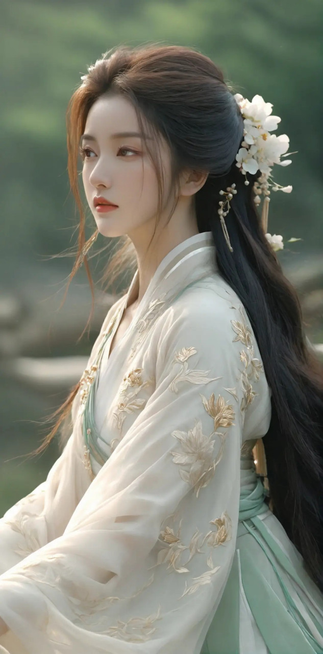 温暖冬天一起过# 图中古装女子,侧身别处,长发及腰,如画中仙.
