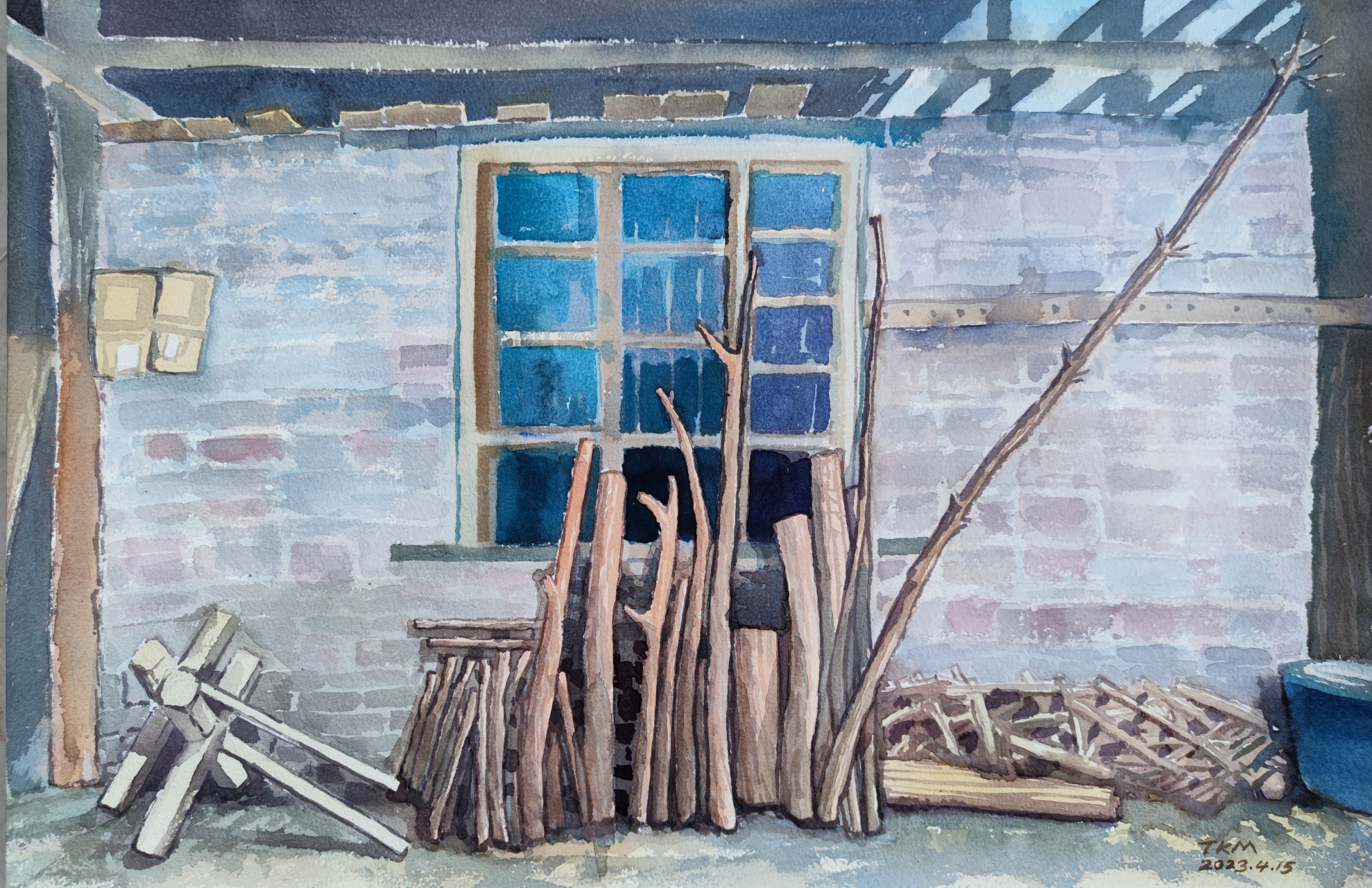 《砖墙与柴垛》,水彩写生