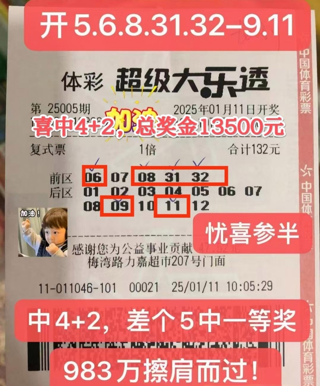 在大乐透第2025005期开奖中,一等奖开出4注,单注奖金983万余元,分别