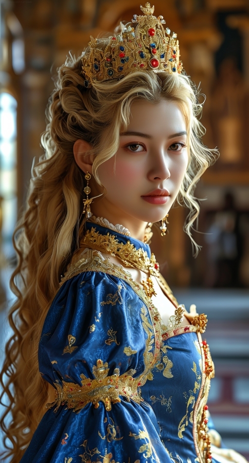 气质高贵的中世纪美女,穿着华丽的宫廷礼服,头戴皇冠,金色长发卷曲