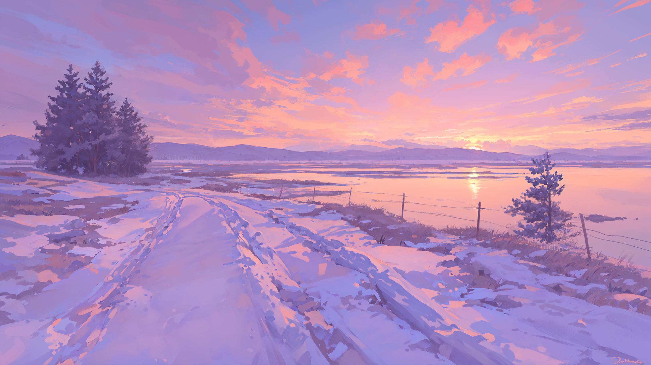 冬日,雪景,晚霞,粉色天空 #二次元# #动漫壁纸# #冬日美景# #晚霞