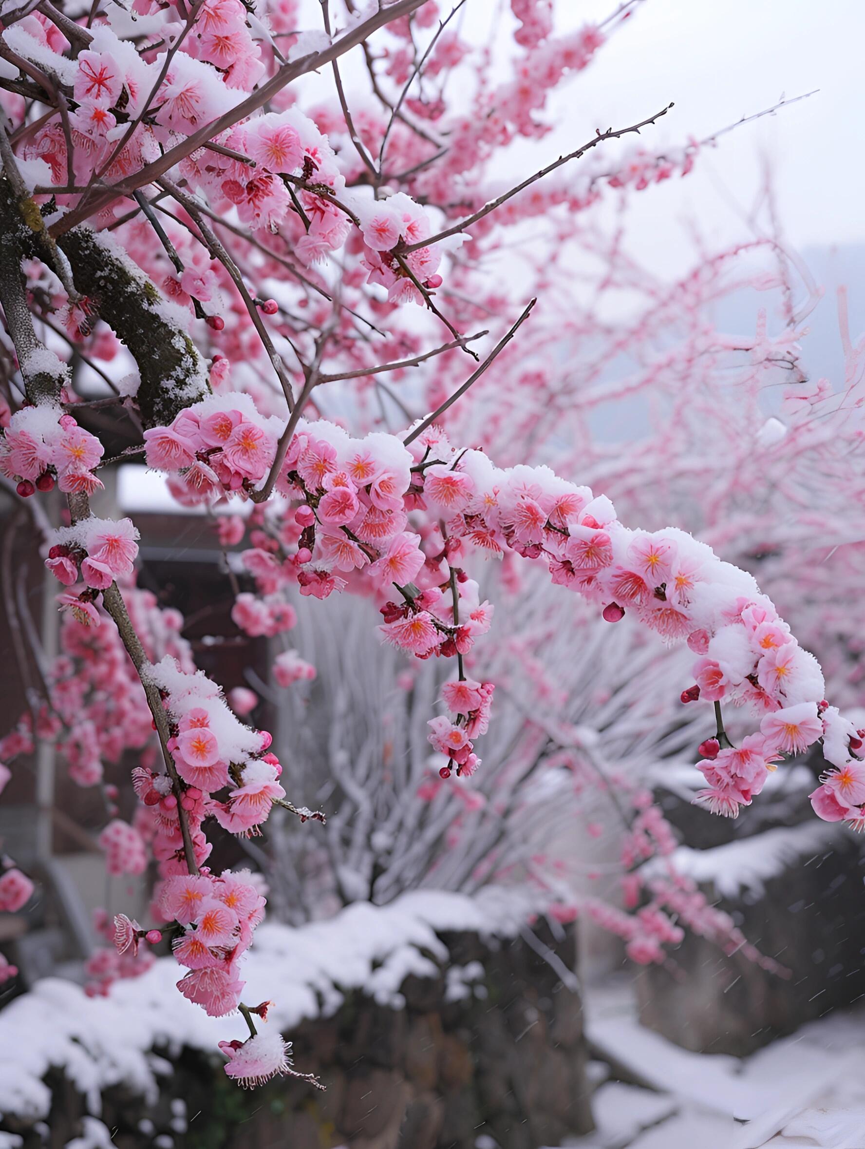 那一抹抹娇艳的粉色,在皑皑白雪映衬下,似把世界温柔包裹