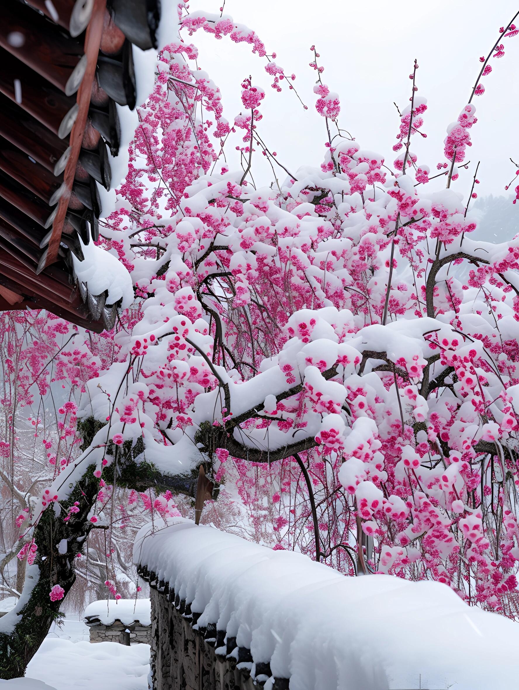 雪中梅花简直美翻了,那粉色与白色交织,仿若给世界开了美颜滤镜
