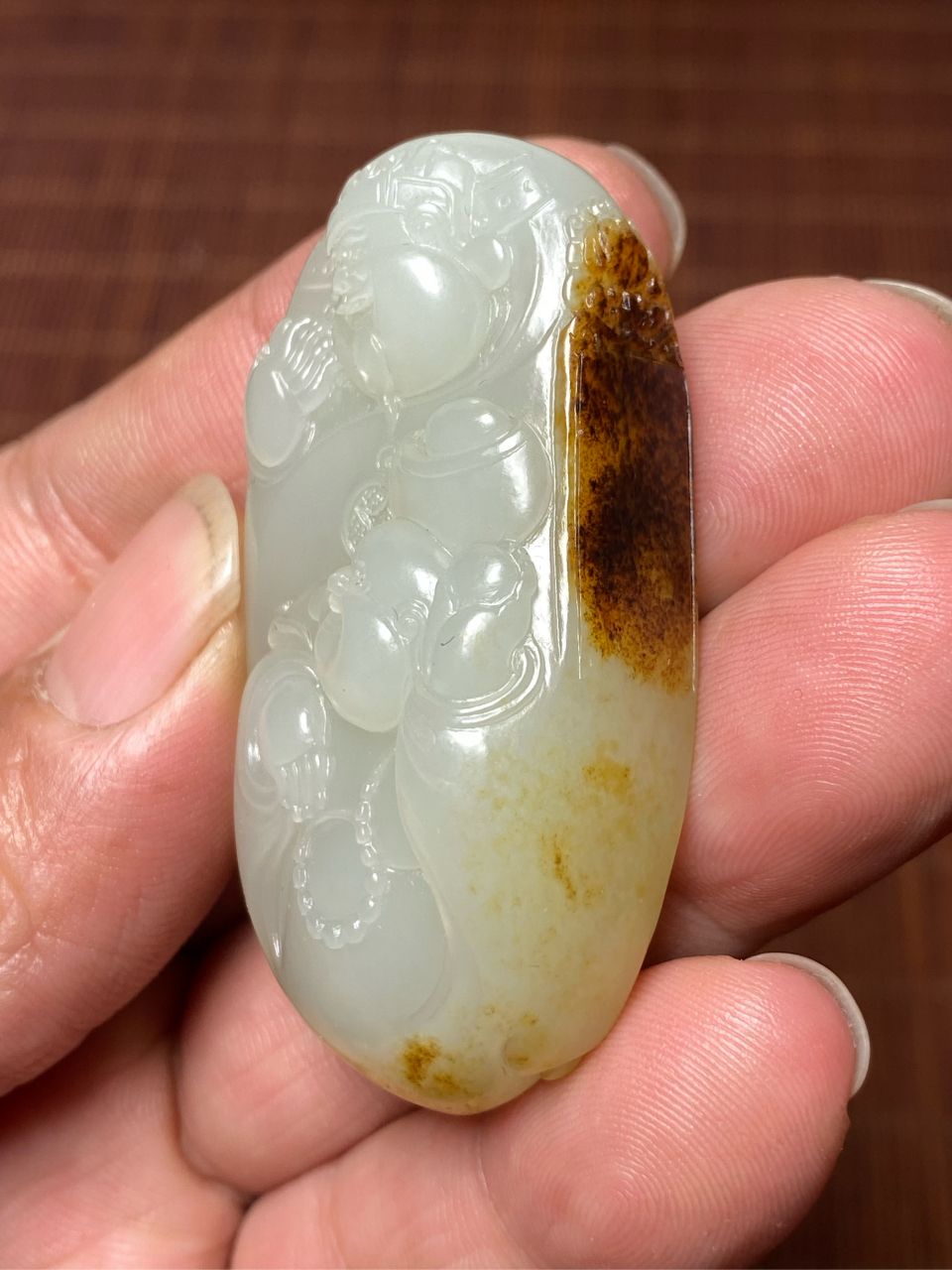 新疆和田玉籽料秋梨皮财神弥勒佛挂件 籽玉秋梨皮巧雕财富吊坠#新疆