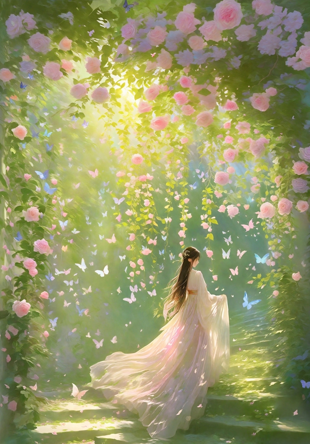 花仙子背影古风花丛中浪漫温馨女图片唯美姑娘在许愿旁凝望美图片森林