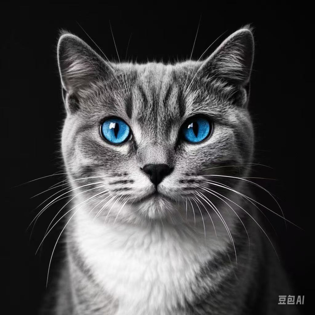 我捕捉到了这只迷人的猫咪的目光,它的蓝眼睛在黑色背景下闪烁着,仿佛