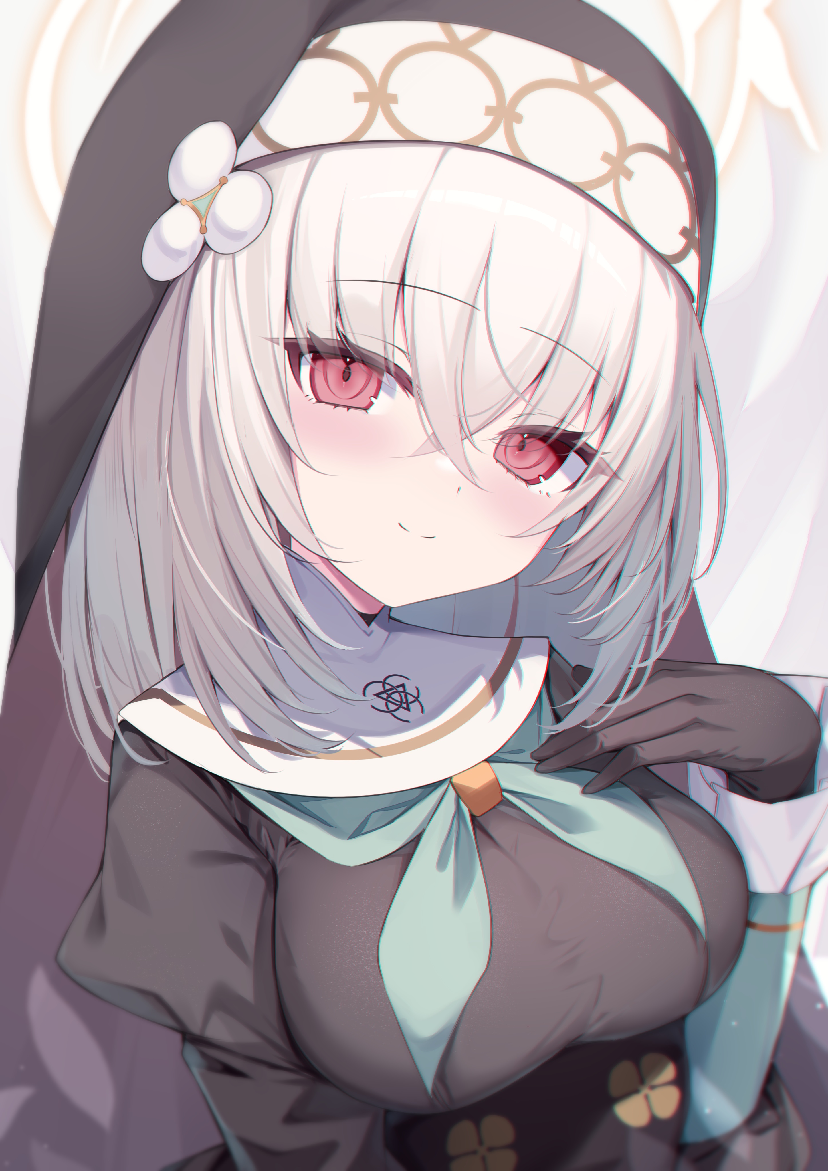 这幅图像描绘了一位身着修女服的动漫角色,她那迷人的红色眼眸和神秘