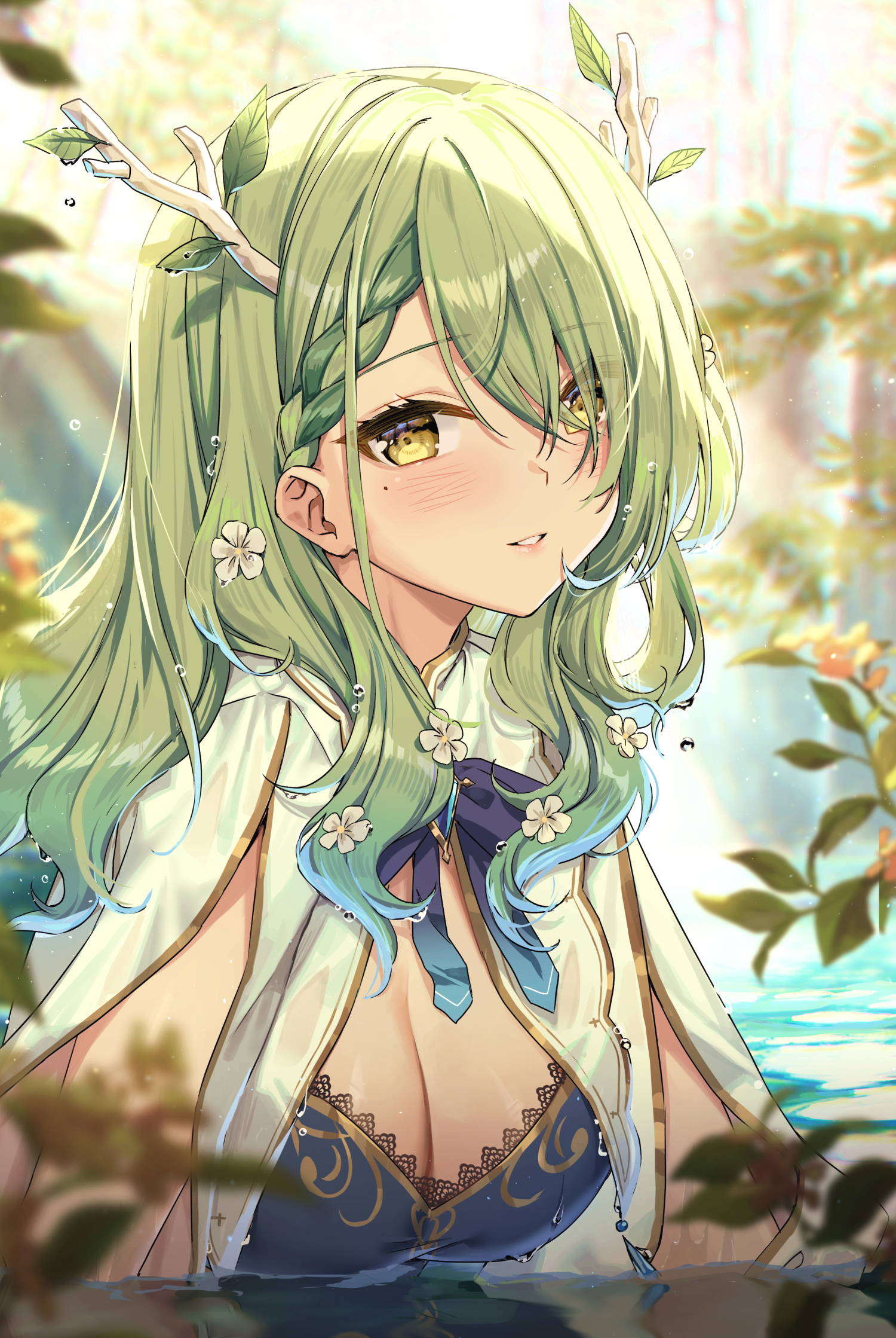 绿瞳少女,水边静立,花叶轻舞.#二次元# #手机壁纸