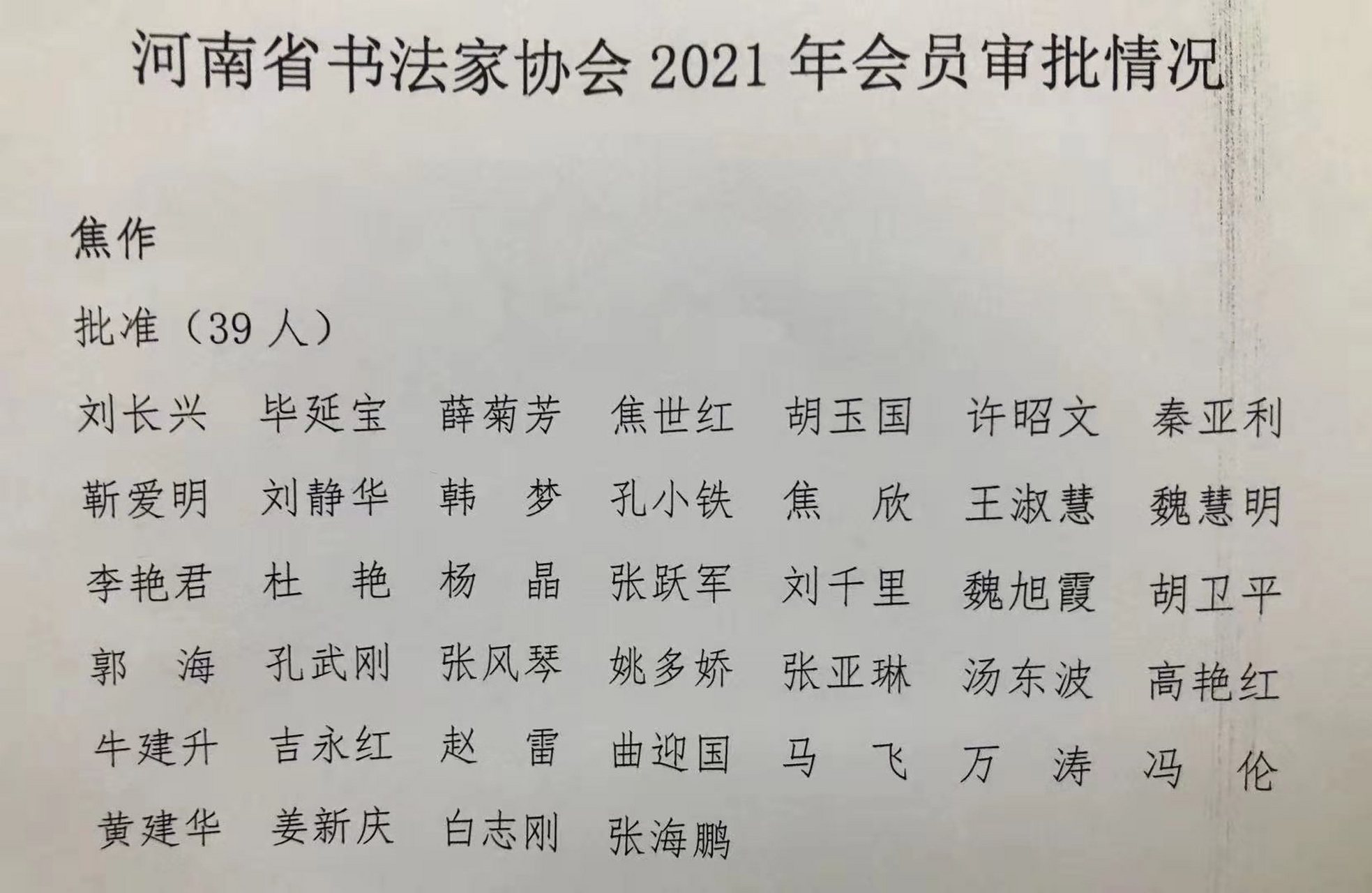 2021年河南省书法家协会焦作新入会员名单.