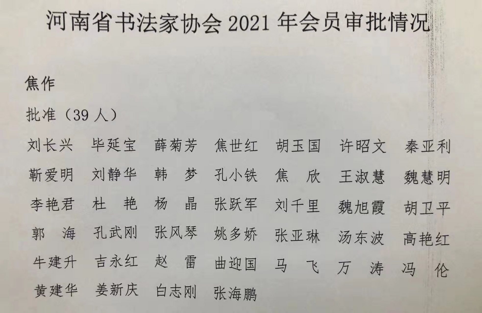 2021年河南省书法家协会焦作新入会员名单