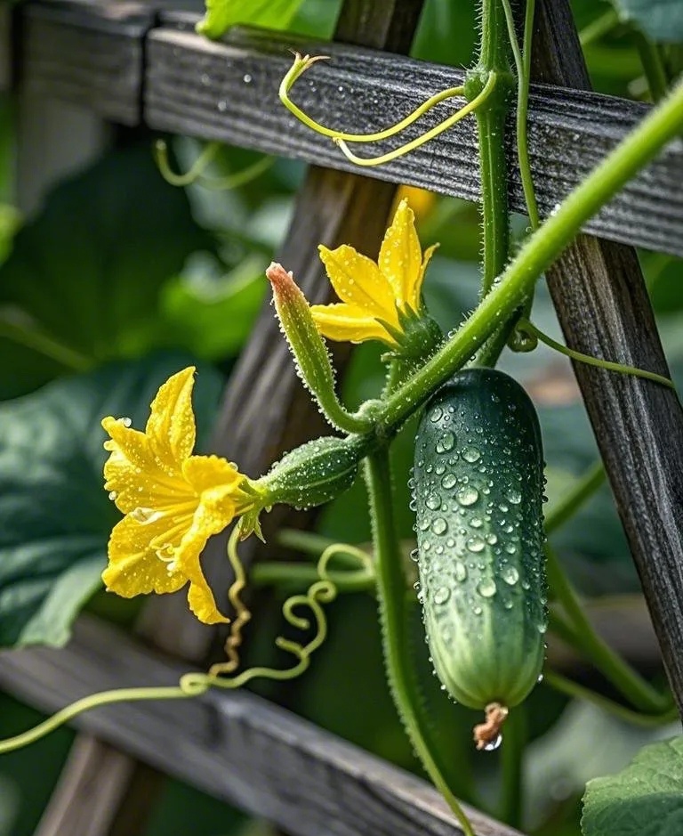 漫步在菜园,黄瓜花星星点点地缀于藤蔓间